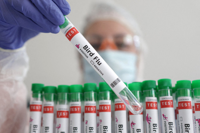 A person holds a test tube labeled "Bird Flu" in this illustration, Jan. 14, 2023.